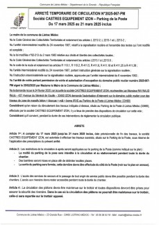 067 - Arrêté numéro 2025-067-PM - Circulation - Parking de la Poste - société CASTRES EQUIPEMENT IZON_page-0001.jpg