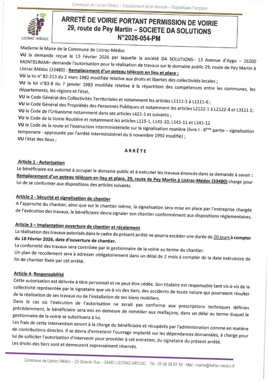 054-  Arrêté numéro 2026-054-PM - VOIRIE- DA SOLUTIONS- 29 route de Pey Martin_page-0001.jpg