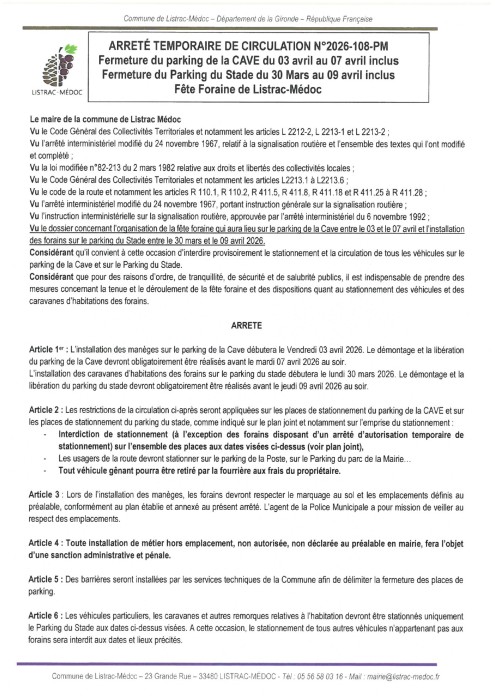 108-  Arrêté numéro 2026-108-PM - Circulation- fermeture des parkings de la cave et du stade Fête foraine sans plans_page-0001.jpg