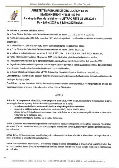 150 - Arrêté numéro 2025-150-PM - CIRCULATION - LISTRAC FETE LE VIN 2025_page-0001.jpg